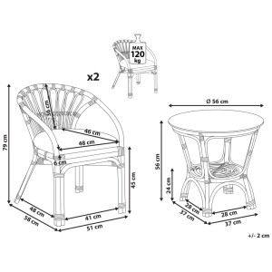 Schizzo del set bistrot Pecorini, rattan nero, con dimensioni di tavolo e sedie.