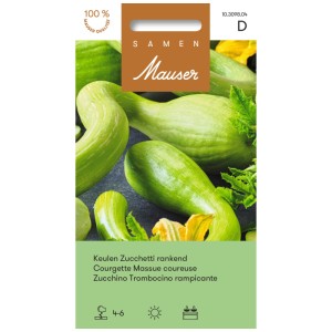 Sachet de graines de courgettes massue coureuse, courgette verte et fleur jaune en arrière-plan.