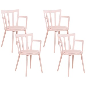 Set di 4 sedie da pranzo Morill rosa pastello con braccioli e schienale a lamelle.