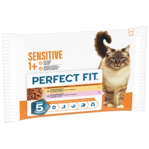 Perfect Fit Sensitive 1+ cibo umido per gatti multipack pollo/salmone, 4x85g. Confezione bianca con gatto.