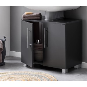 Meuble sous-vasque Badmobil, anthracite, 60 cm de large, avec deux portes et poignées argentées.