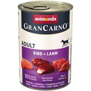 Gran Carno alimento umido per cani manzo e agnello, lattina da 400g. Alimento completo per cani adulti.