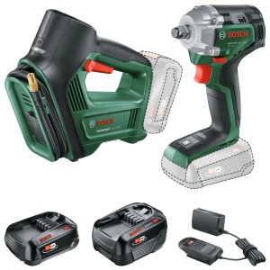 Set Bosch a batteria: avvitatore a impulsi, pompa ad aria, 2 batterie e caricabatterie. Ideale per il fai da te.