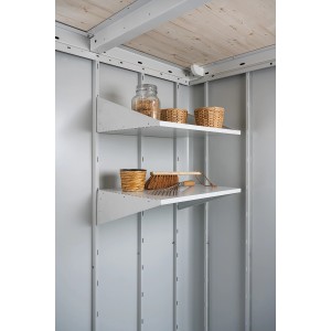 Étagères Biohort pour abri de jardin Neo, lot de 2, avec outils de jardin et bocal sur les étagères.