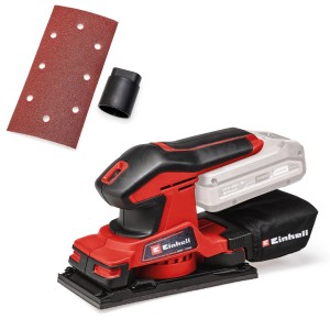 Ponceuse vibrante sans fil Einhell TC-OS 18/187 Li Solo avec papier abrasif et aspiration des poussières.
