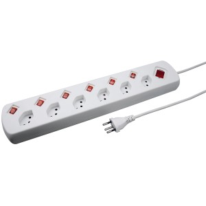 Bloc multiprise Power Easy blanc avec 6 prises de type 13, interrupteurs individuels et sécurité enfant.