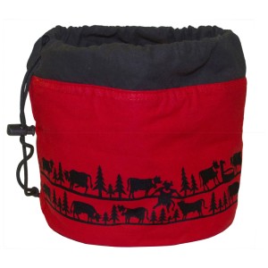 Rot-schwarzer Kartoffelkorb aus Baumwolle mit Alpenmotiv für die Küche.