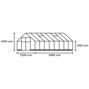 Technische Zeichnung: Halls Gewächshaus Qube 8, 12,5 m², Sicherheitsglas, Maße: 2460x2508x4980 mm.