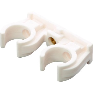 Clip per tubo doppio Ø 22 mm in plastica con manicotto filettato M6 per due tubi.