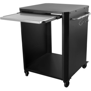 Table de jardin Cozze noire, carrée, avec étagère coulissante et roulettes, idéale pour cuisines extérieures.