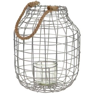 Lanterne en fil de fer argenté (hauteur 42 cm) avec insert en verre et cordelette.