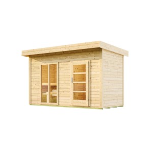 Sauna Weka Farsund avec sas et fenêtre panoramique, en bois naturel.