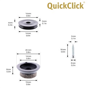 Wagner patins en feutre QuickClick Ultrasoft Slim, jeu de 12 pièces, avec les dimensions des pièces individuelles.