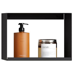 Étagère murale noire mate en fer, 22x30x16,3 cm, décorée d'accessoires de salle de bain.