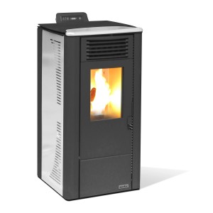 Poêle à granulés Ecofox Thar 12 blanc avec flamme visible.
