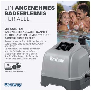 Bestway Salzwasseranlage Hydrogenic, grau, mit digitalem Bedienfeld und Display. Familie genießt das Poolwasser. Pool Desinfektion.