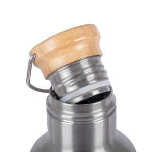 Gros plan : Bouteille isotherme Petromax TB100 avec couvercle en bambou, sans BPA, acier inoxydable.