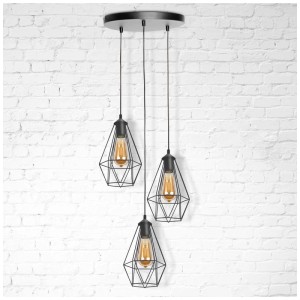 Lampada a sospensione a 3 luci Bomoe Lykta in stile retrò industriale con paralumi neri.