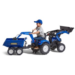 Trattore blu Falk New Holland XXL con rimorchio e bambino.