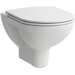 Set WC sospeso Laufen Pro Round bianco con sedile e scarico orizzontale.