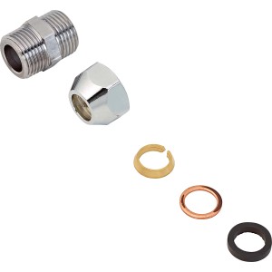 Raccord à compression 10 mm avec filetage, chromé, joints et rondelles inclus pour tuyaux.