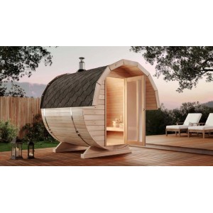 Sauna tonneau Finntherm Samantha en épicéa avec auvent et bardeaux noirs. Bien-être pour le jardin.