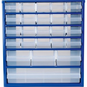 Meuble de rangement LUX-TOOLS: cadre bleu, tiroirs en plastique transparent de différentes tailles pour petites pièces.