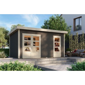 Casetta da giardino in legno Karibu Glostrup, grigio terra, con tetto piatto e doppia porta. Ideale come rimessa attrezzi o gazebo.