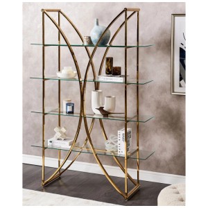 Étagère Beliani Hollow: Cadre en acier inoxydable doré, 4 étagères en verre, design incurvé. Idéale pour livres & déco.