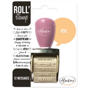 Aladine Rollstempel Fete mit 12 Party-Botschaften, rosa Griff, ideal zum Basteln und Dekorieren.