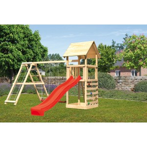 Tour de jeu Karibu Lotti avec balançoire double, mur d'escalade et toboggan rouge dans le jardin.