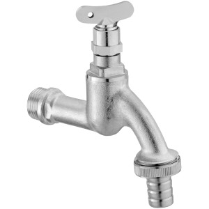 Robinet de vidange chromé 21 mm avec raccord de tuyau et clé à douille.