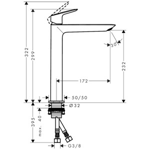 Disegno tecnico del miscelatore lavabo Hansgrohe Logis 240 Fine, cromo, con dimensioni.