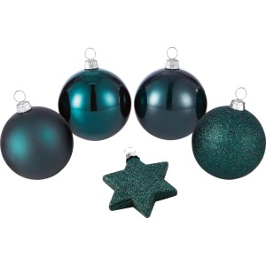 50-teiliges Tanneschmuck Set: dunkelgrüne Weihnachtskugeln & Stern, matt, glänzend, glitzernd.
