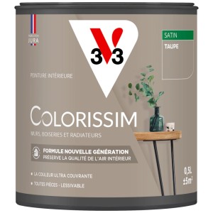 Boîte de peinture intérieure V33 Colorissim Taupe, satinée, 0,5 l. Peinture colorée pour murs, bois et radiateurs intérieurs.
