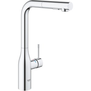 Miscelatore monocomando per lavello Grohe Essence cromato con bocca alta e doccetta estraibile.