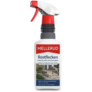 Smacchiatore di ruggine Mellerud, flacone da 500ml con spruzzatore per superfici in pietra e piastrelle.