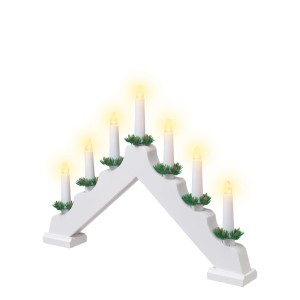 OBI Schwibbogen bianco tradizionale con 7 candele LED bianco caldo e ghirlande verdi. Decorazione natalizia a batteria.
