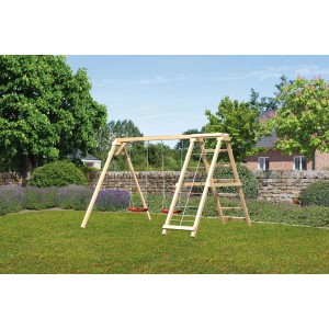 Balancelle double Karibu Felix avec structure d'escalade et siège rouge dans le jardin.