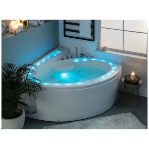 Baignoire d'angle blanche Pelican avec éclairage LED, 165x138 cm. Bain à remous avec jets de massage.