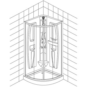 Schéma d'une cabine de douche complète blanche avec verre clair et étagères.