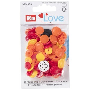 Bottoni a pressione Prym Color Snaps a forma di fiore, Ø 13,6mm, 21 pezzi nei toni del giallo, rosso e arancio.