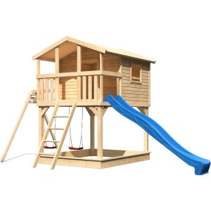 Maisonnette sur pilotis Karibu Benjamin avec balançoire double et toboggan bleu.