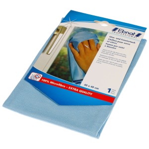 Panno in microfibra azzurro per vetri e finestre, confezionato, 40x40 cm, per pulizia senza aloni.