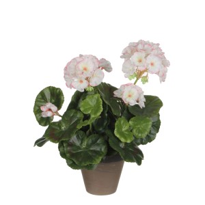 Pianta artificiale decorativa geranio bianco-rosa con foglie verdi in vaso di terracotta.