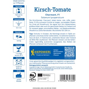 Graines de tomate cerise Kiepenkerl Charmant F1 : Tomates rouges et douces pour serre et extérieur.