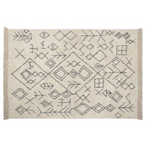 Tapis en coton beige (160x230 cm) avec motif géométrique bohème et franges.