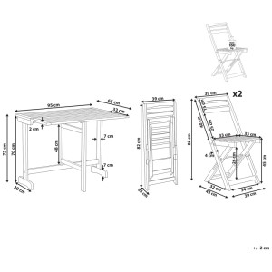 Schéma : Ensemble bistro Lenola, acacia, marron, 3 pièces, avec les dimensions de la table et des chaises.