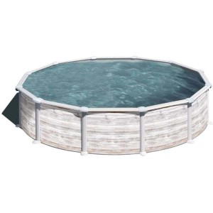 Piscine ronde Poolcrew Lolland à paroi en acier Ø 550 cm aspect bois et liner gris.