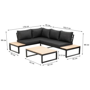 Greemotion Lounge-Set Riola, 3-teilig, anthrazit-schwarz, mit Maßen. Gartenmöbel aus Aluminium mit Holztönen.